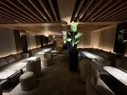Dim lounge/bar with curved sofas and round tables arranged along a central aisle, low lighting and potted plants under a wooden slat ceiling.